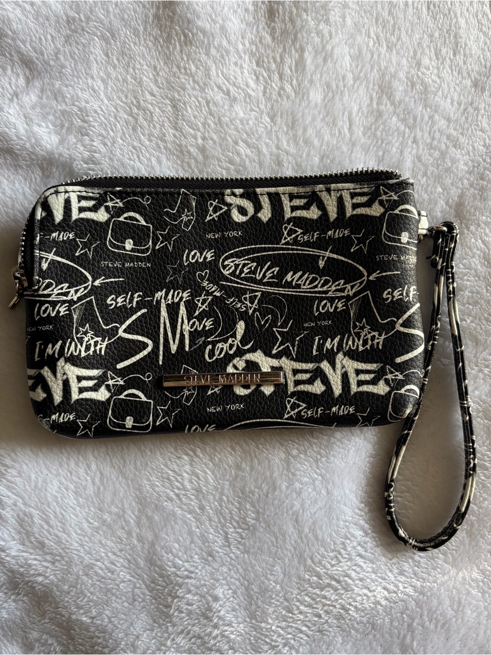 Steve Madden Black & White Grunge Graffiti Double Zip Wristlet